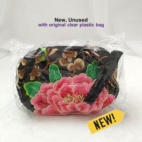 Embroidered Floral Fabric Wristlet Pouch Black Pink 3-Layer Zipper Wallet Lined - Picture 9 of 11